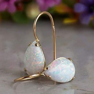 14K Yellow Gold 7X10 White Opal Teardrop Earrings